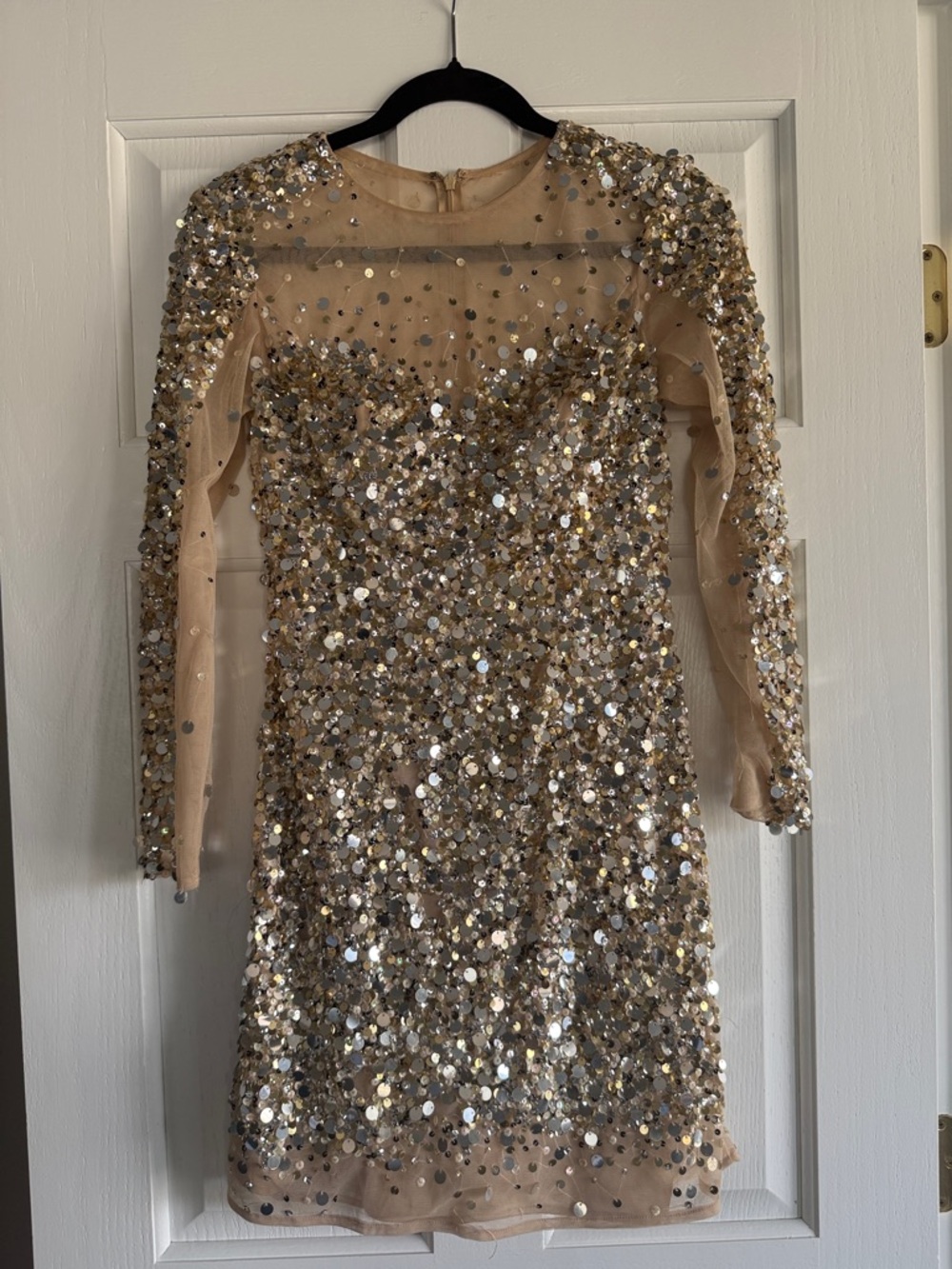 Sherri Hill Nude Sequin Mini Dress with Gold & Silver Accents